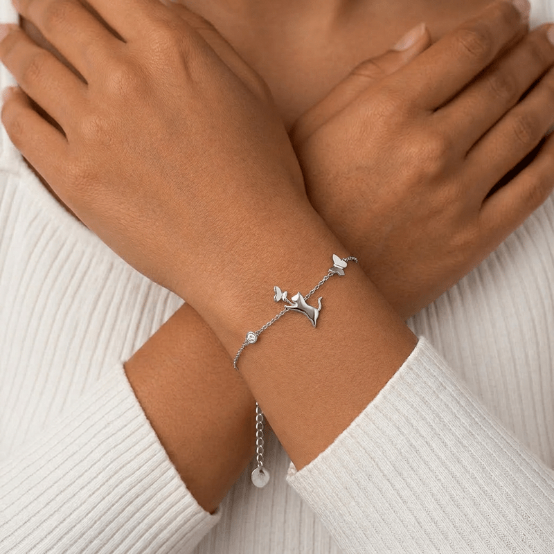 Women's Leaping Cat Catches Butterfly Silver-Plated Bracelet, Unique Design